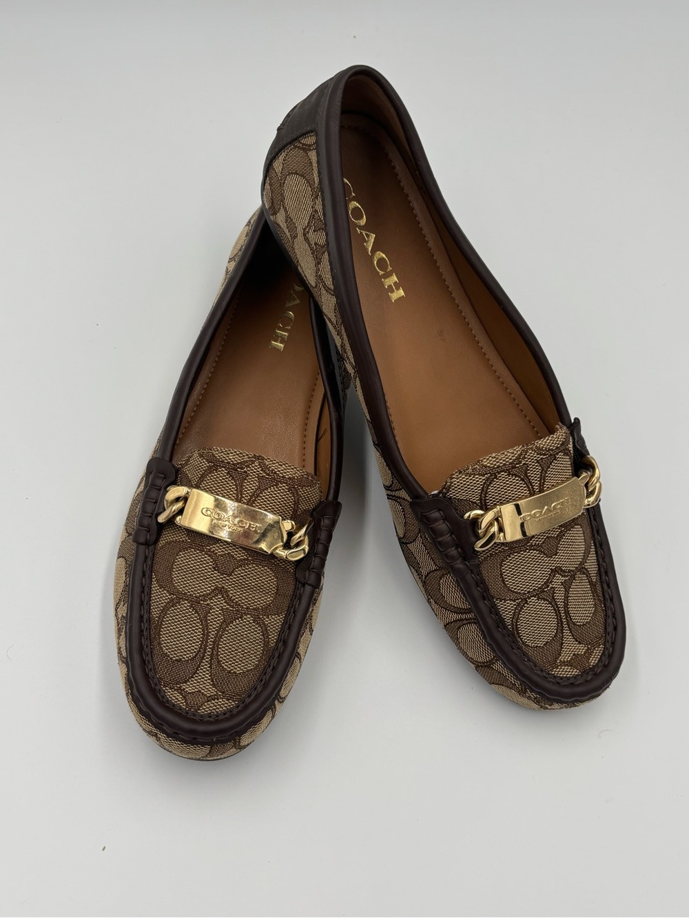 Coach Brown Signature Canvas Gold-Trim Moccasin Flats 8.5